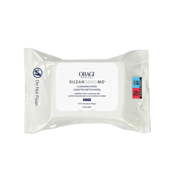 Obagi SuzanObagiMD Acne Cleansing Wipes 25 count packet for oily and acne-prone skin on white background