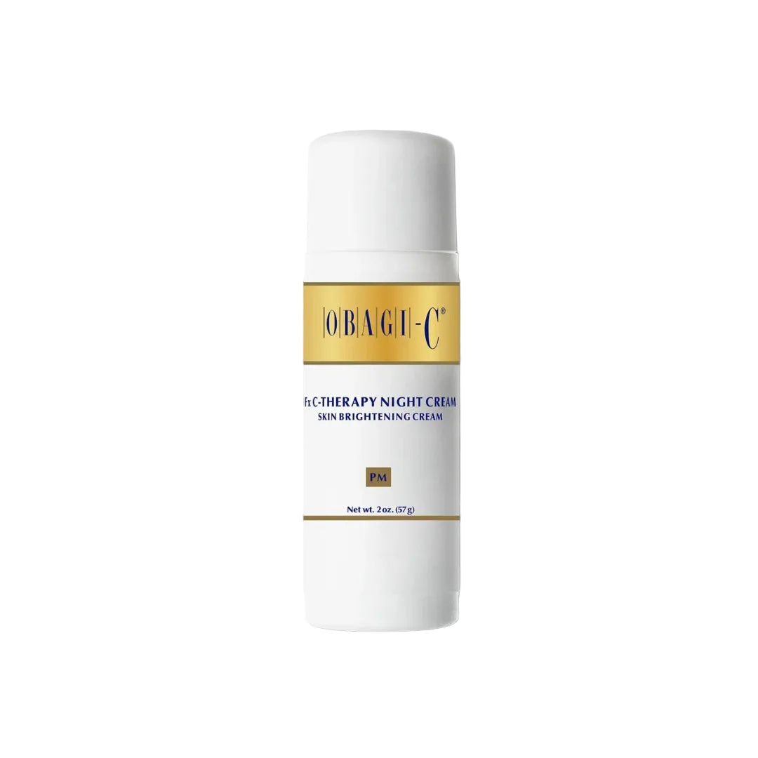 Obagi-C Fx C-Therapy Night Cream 2.0 oz white airless pump bottle with gold label band PM Skin Brightening Cream on white background
