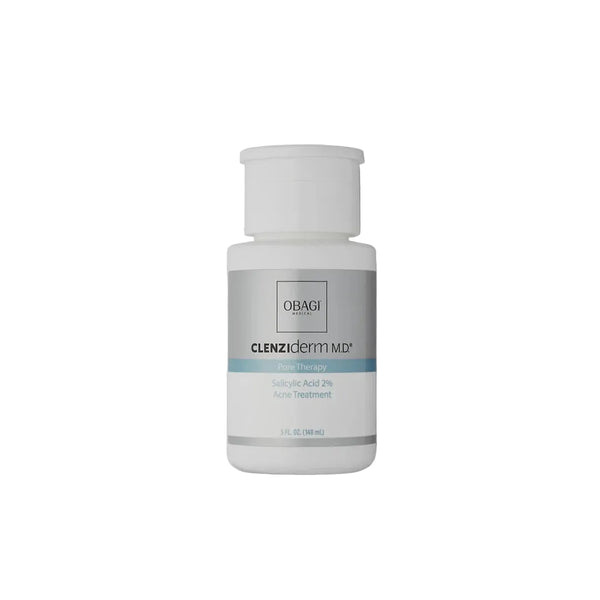 Obagi CLENZIderm M.D. Pore Therapy 5.0 fl oz white bottle with silver label Salicylic Acid 2 percent Acne Treatment on white background