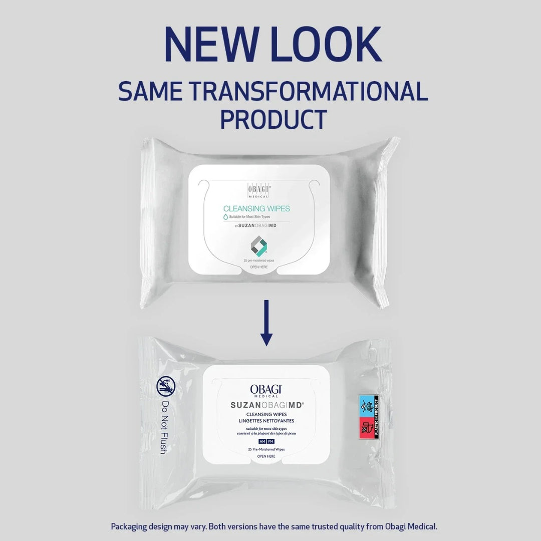 Obagi SuzanObagiMD Cleansing Wipes new look packaging comparison showing old and new design