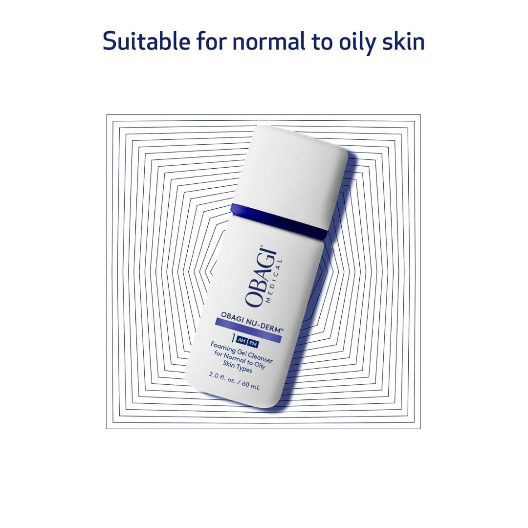 Obagi Nu-Derm Foaming Gel Cleanser suitable for normal to oily skin product bottle on graphic background