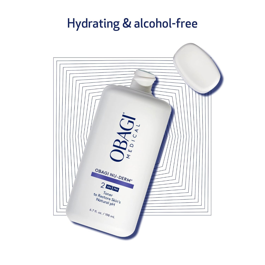 Obagi Nu-Derm Toner hydrating and alcohol-free claim with product bottle on graphic background