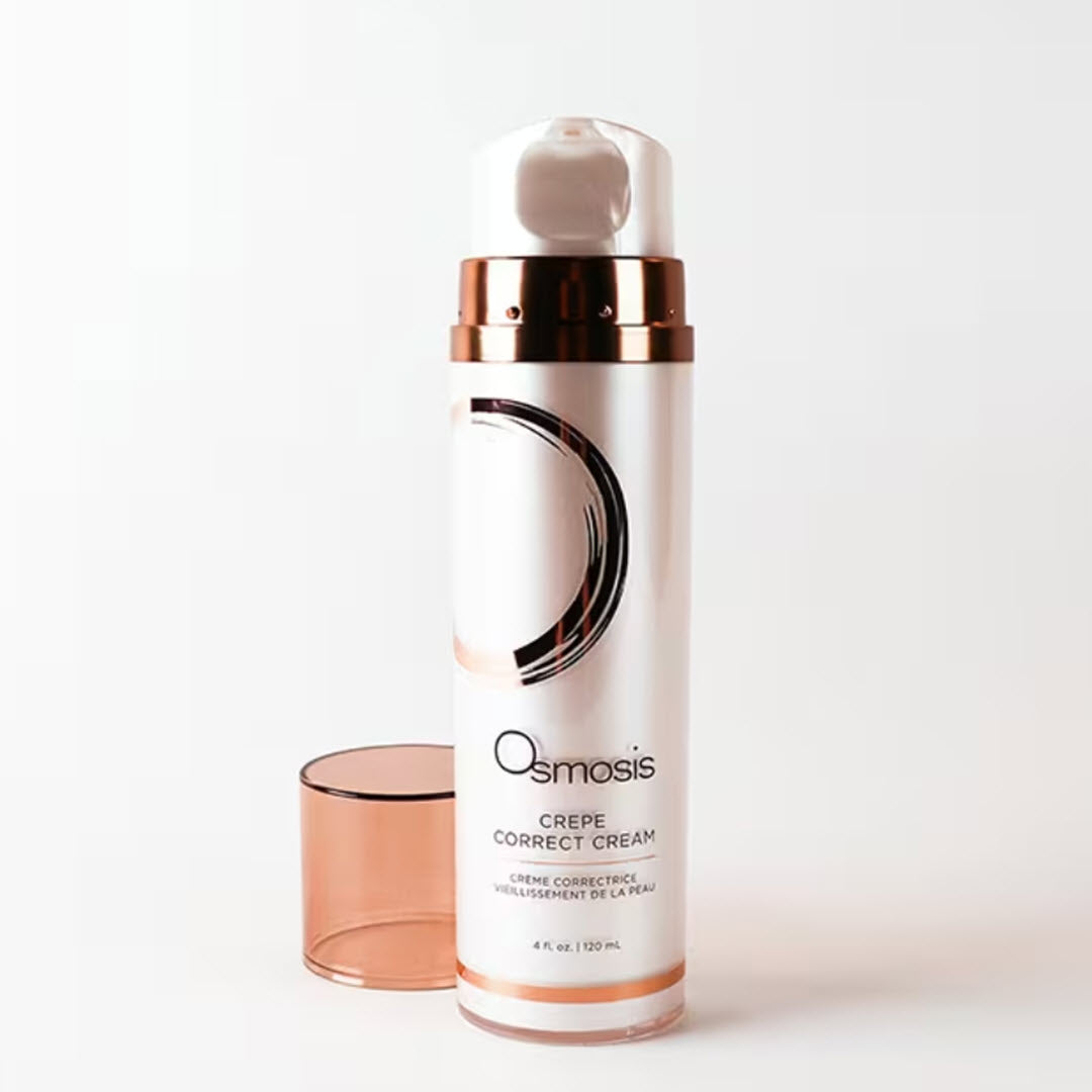 Osmosis Crepe Correct Cream bottle with cap removed showing rose gold pump