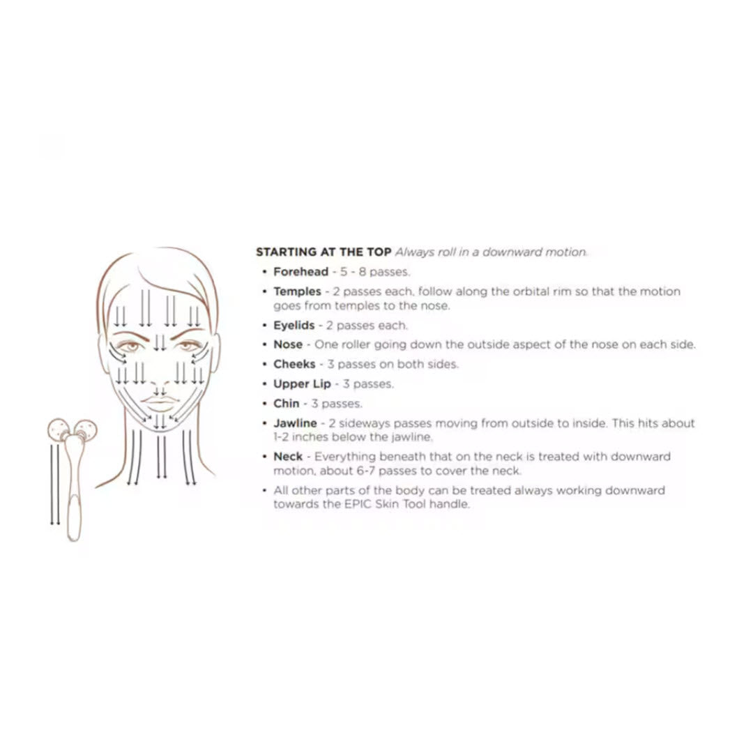 Osmosis EPIC Skin Tool usage guide showing rolling pattern for forehead, cheeks, jawline and neck