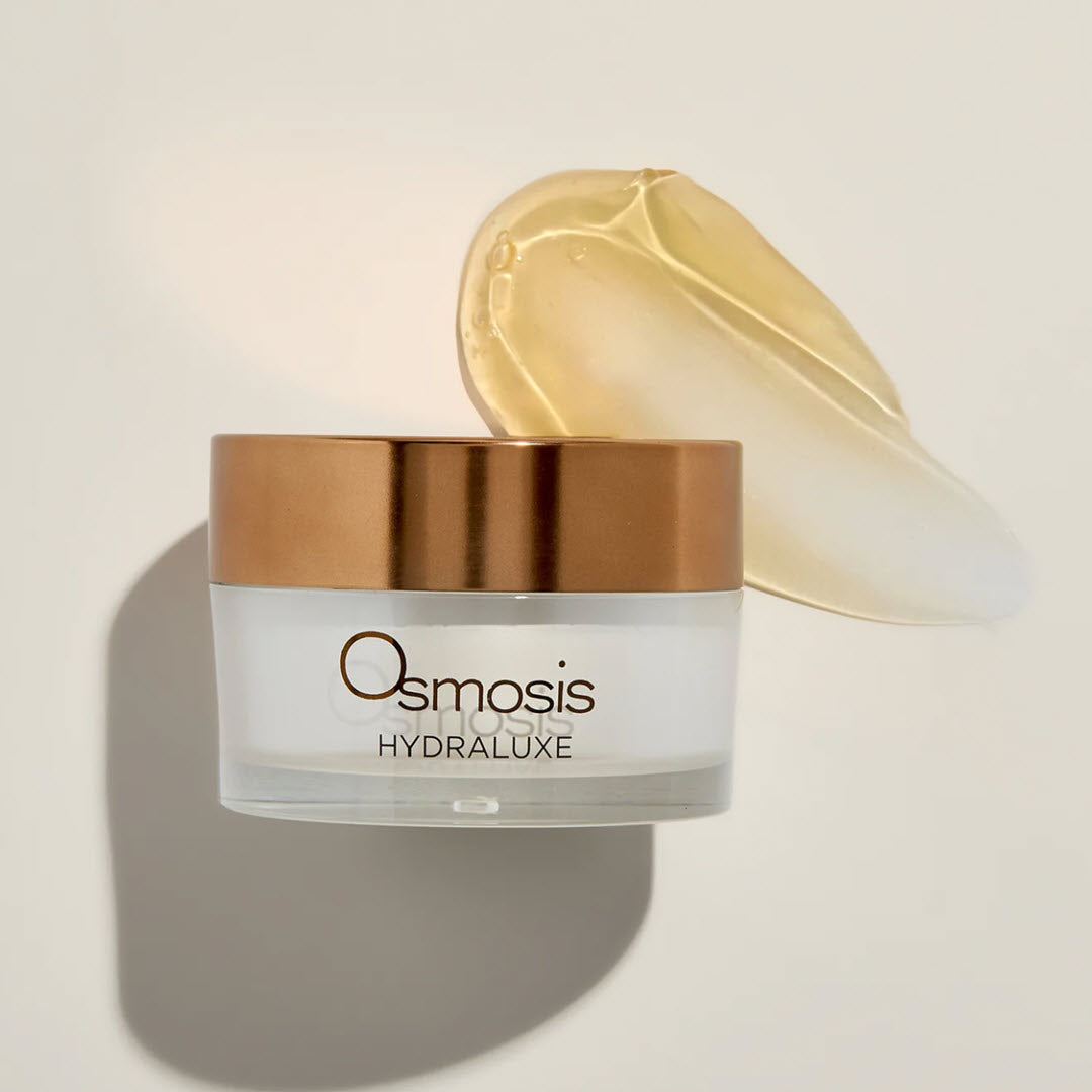 Osmosis Hydraluxe Firming Gel Mask jar with a swipe of the cooling gel formula