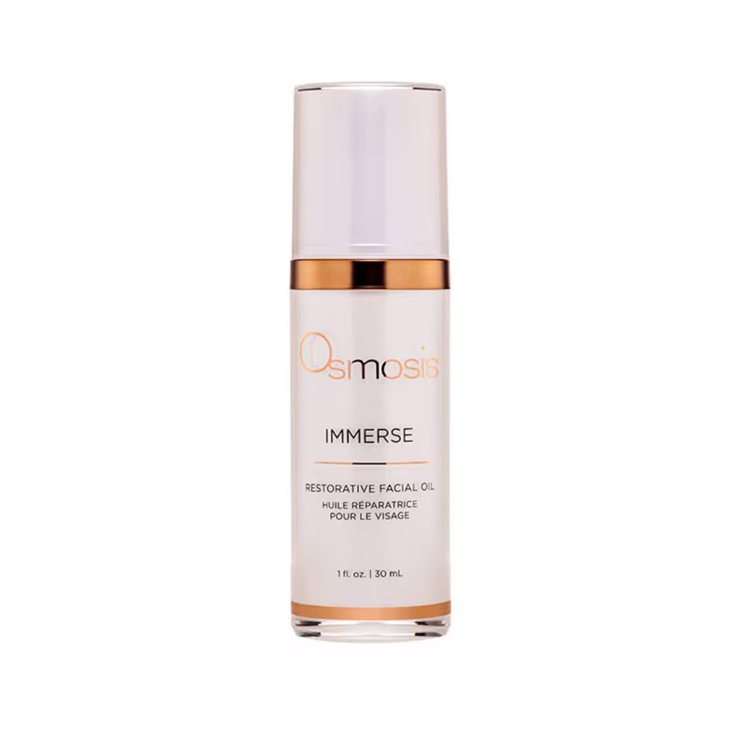 Osmosis Immerse Restorative Facial Oil bottle with rose gold cap, 1 fl oz
