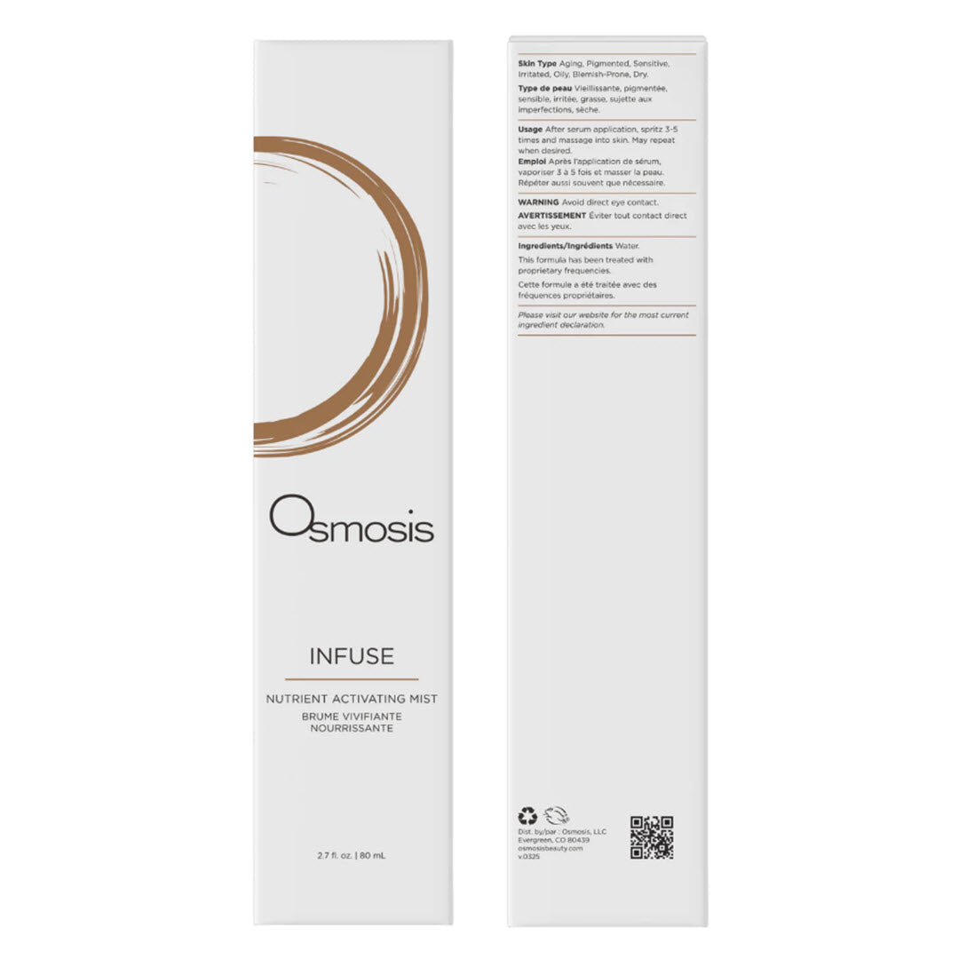 Osmosis Infuse Nutrient Activating Mist box front and back with usage instructions and skin type recommendations