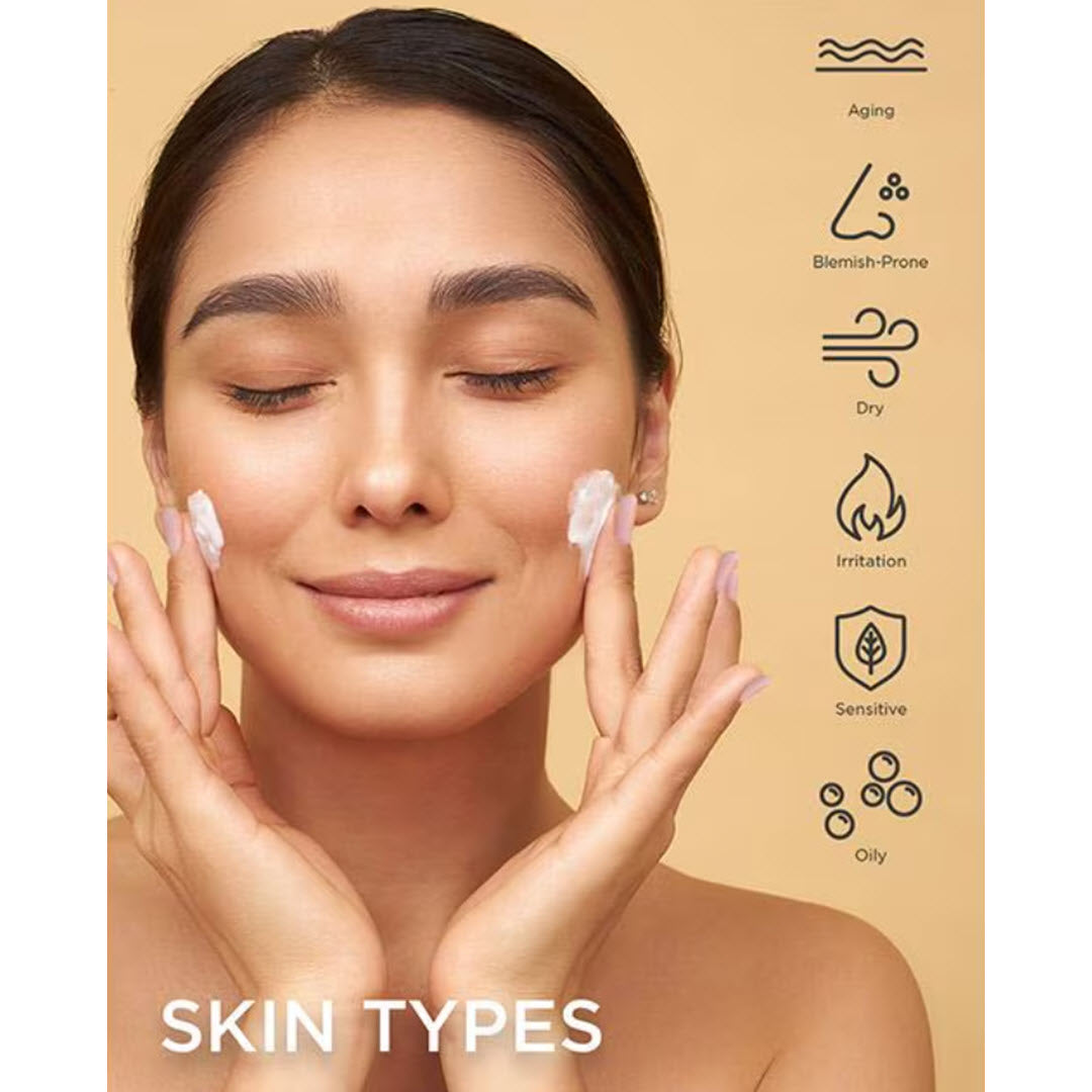 Woman applying Osmosis Quench Nourishing Moisturizer to her cheeks, suited for aging, blemish-prone, dry, irritated, sensitive and oily skin types