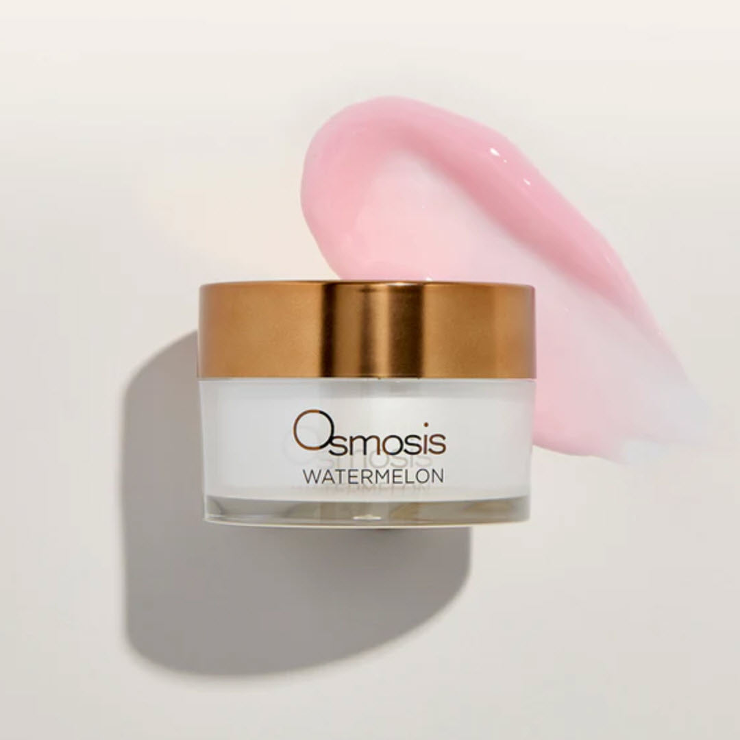 Osmosis Watermelon Cooling Enzyme Mask jar with a swipe of the pink gel-cream formula