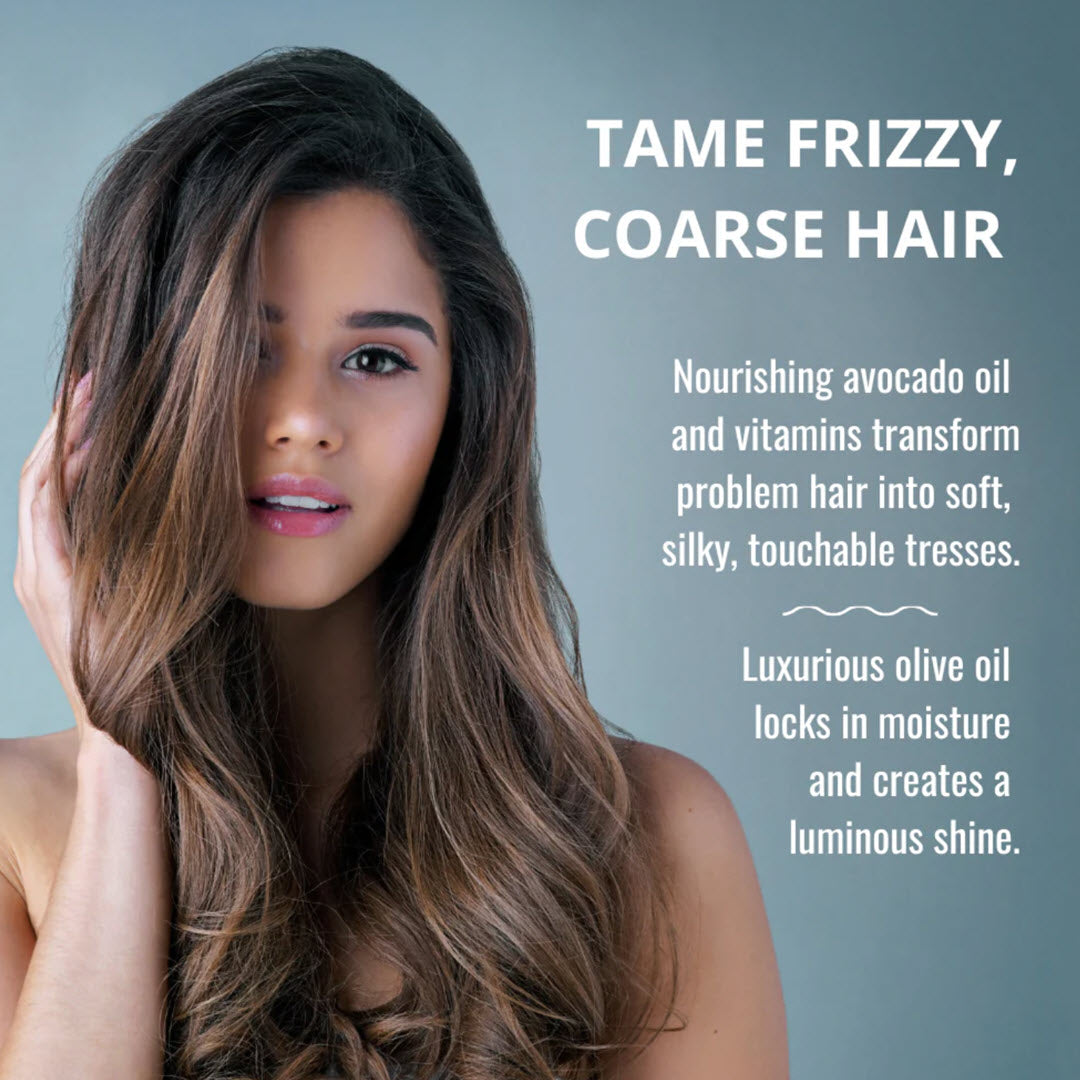 Model with smooth, shiny hair: nourishing avocado oil and vitamins transform problem hair into soft, silky, touchable tresses, while luxurious olive oil locks in moisture and creates a luminous shine