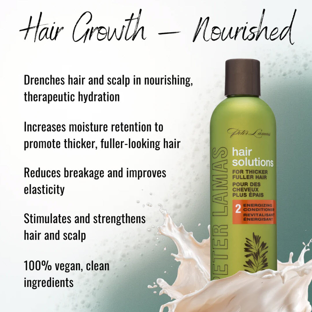 Peter Lamas Hair Solutions Energizing Conditioner: drenches hair and scalp in nourishing hydration, increases moisture retention, reduces breakage, and stimulates and strengthens hair and scalp
