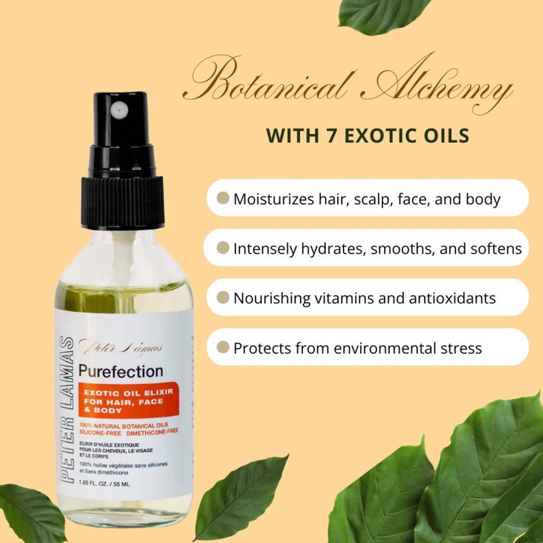 Peter Lamas Purefection Exotic Oil Elixir botanical alchemy with 7 exotic oils: moisturizes hair, scalp, face, and body, intensely hydrates, nourishes with vitamins and antioxidants, and protects from environmental stress