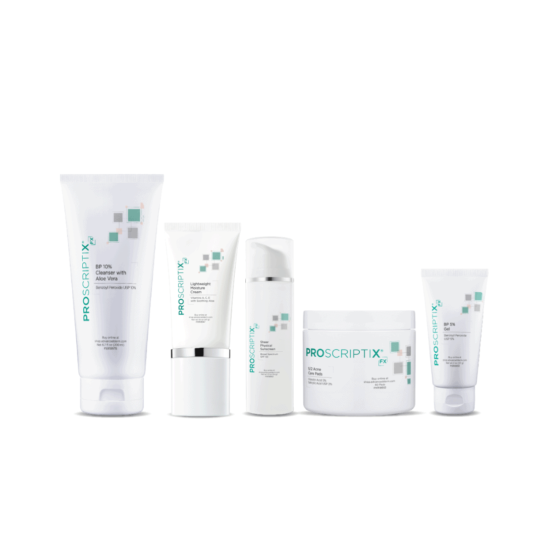 Proscriptix FX Advanced Acne Kit for severe acne 5-piece set including BP 10% cleanser with aloe vera lightweight moisture cream sheer physical SPF 55 sunscreen 5/2 acne care pads and BP 5% gel