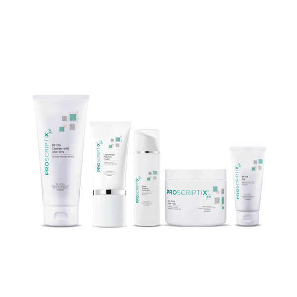 Proscriptix FX Advanced Acne Kit for severe acne 5-piece set including BP 10% cleanser with aloe vera lightweight moisture cream sheer physical SPF 55 sunscreen 5/2 acne care pads and BP 5% gel
