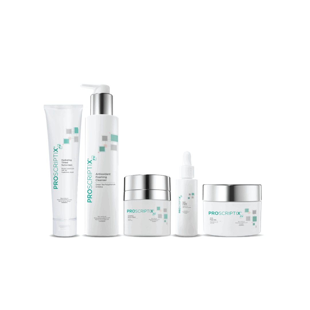 Proscriptix FX Brightening System 5-piece skin care set including Hydrating Tinted Sunscreen SPF 50, Antioxidant Foaming Cleanser, Hydrating Barrier Repair cream, Super Charged Serum, and AHA Pads 12%