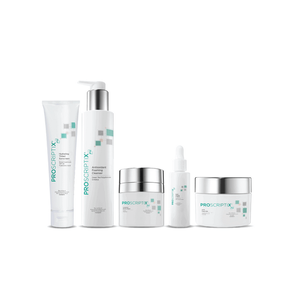 Proscriptix FX Brightening System 5-piece skin care set including Hydrating Tinted Sunscreen SPF 50, Antioxidant Foaming Cleanser, Hydrating Barrier Repair cream, Super Charged Serum, and AHA Pads 12%