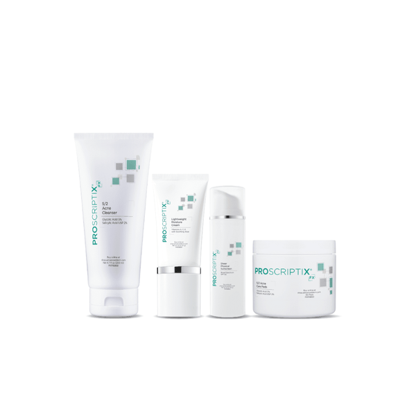 Proscriptix FX Essential Acne Kit 4-piece set including 5/2 Acne Cleanser, Lightweight Moisture Cream, Sheer Physical Sunscreen SPF 50, and 5/2 Acne Care Pads for treating blackheads and whiteheads