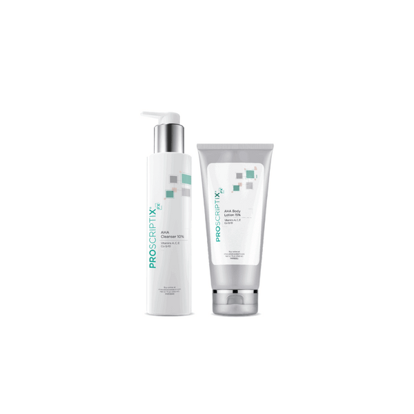Proscriptix FX Healing and Exfoliating Kit 2-piece set with AHA Cleanser 10% pump bottle and AHA Body Lotion 15% tube, both with Vitamins A, C, E and Co Q-10
