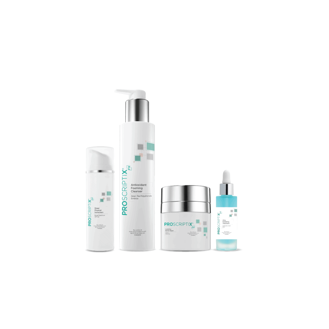 Proscriptix FX Post-Care Enhancing Kit 4-piece set including Sheer Physical Sunscreen SPF 50, Antioxidant Foaming Cleanser, Hydrating Barrier Repair jar, and Ultra Hydrating Treatment serum for post-procedure skin recovery
