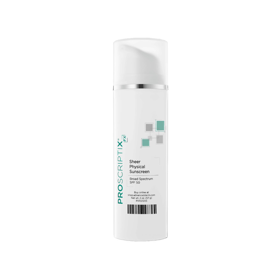 Proscriptix FX Sheer Physical Sunscreen SPF 50 white airless pump bottle, Broad Spectrum, 2 oz