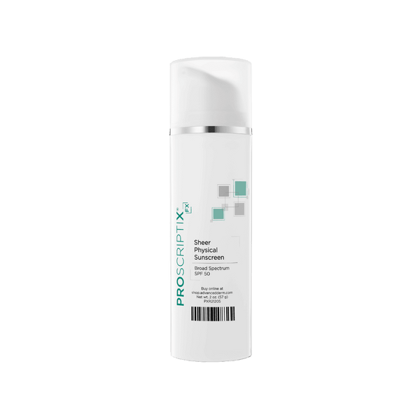 Proscriptix FX Sheer Physical Sunscreen SPF 50 white airless pump bottle, Broad Spectrum, 2 oz