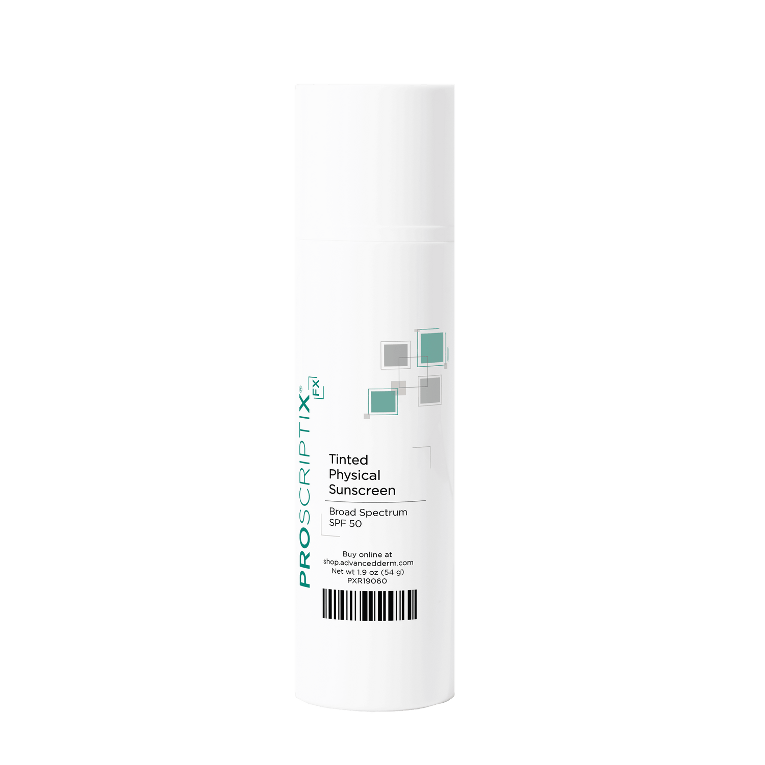 Proscriptix FX Tinted Physical Sunscreen SPF 50 white airless pump bottle, Broad Spectrum, 1.9 oz