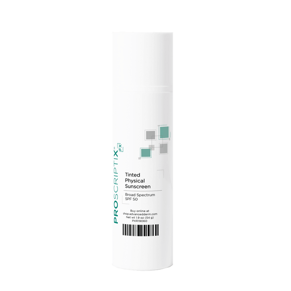 Proscriptix FX Tinted Physical Sunscreen SPF 50 white airless pump bottle, Broad Spectrum, 1.9 oz