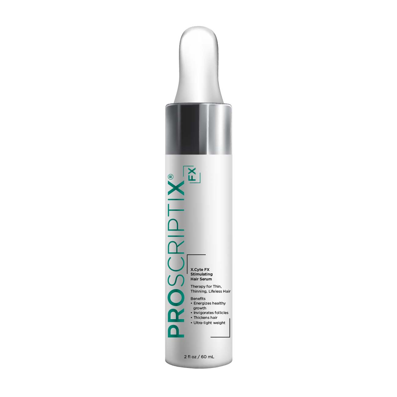 Proscriptix FX X.Cyte FX Stimulating Hair Serum white dropper bottle for thin and thinning hair, energizes follicles and thickens hair, 2 fl oz