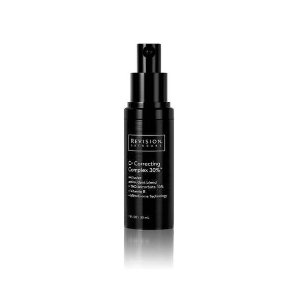 Revision Skincare C+ Correcting Complex 30% 1 fl oz black pump bottle with THD Ascorbate vitamin E and microbiome technology antioxidant blend