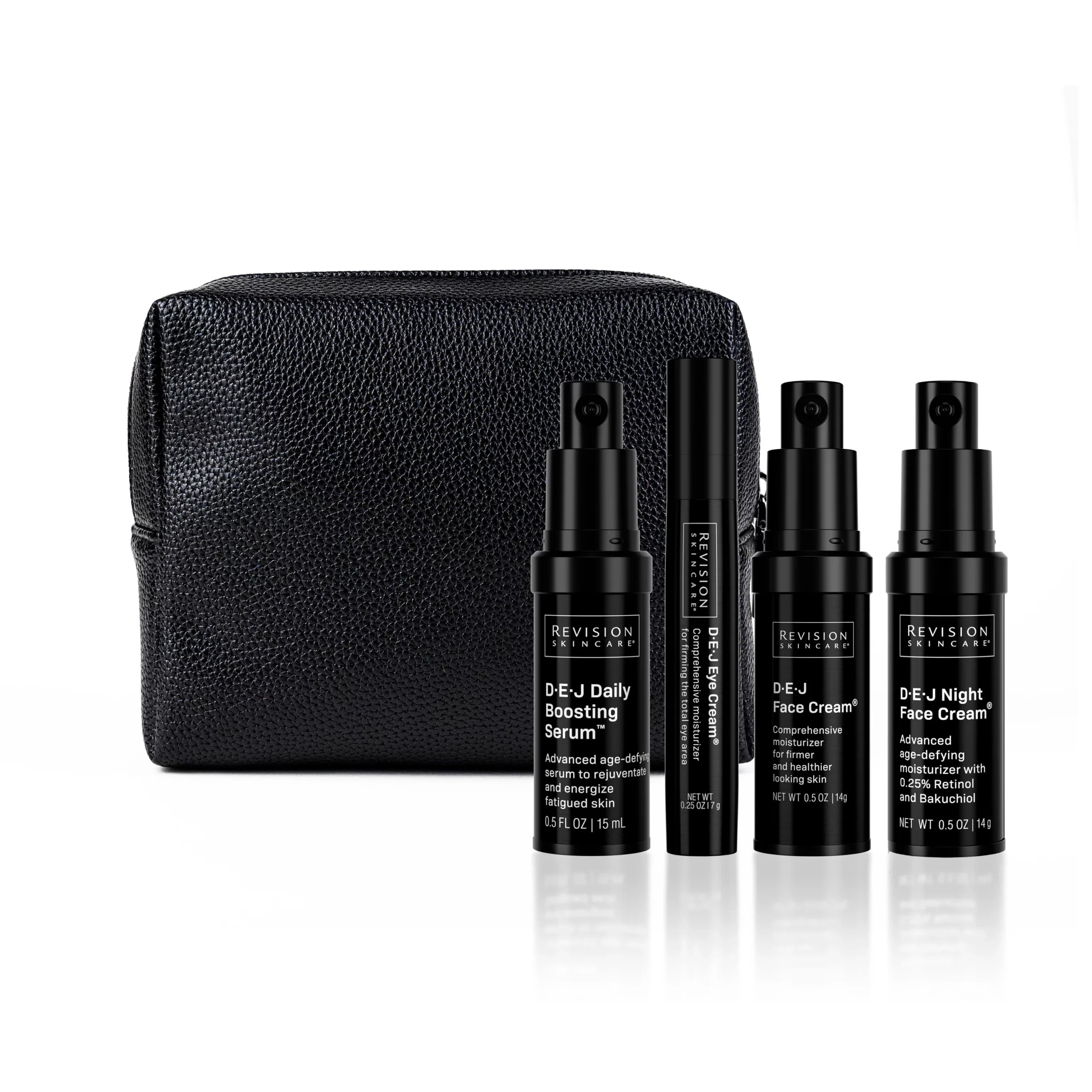 Revision Skincare D·E·J Age-Defying Power Regimen Kit with cosmetic bag and four travel-size products