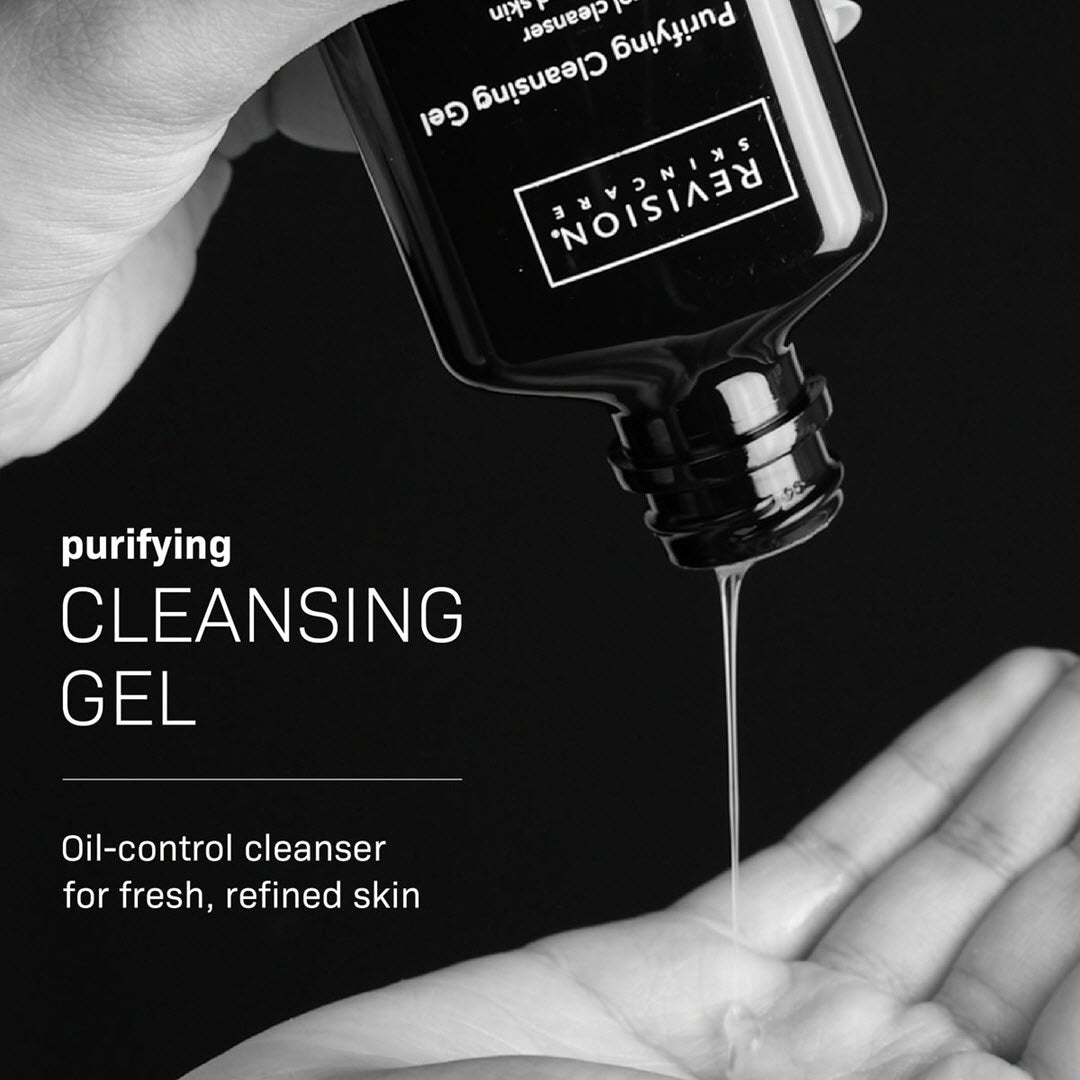 Revision Skincare Purifying Cleansing Gel dispensed from inverted bottle into hand