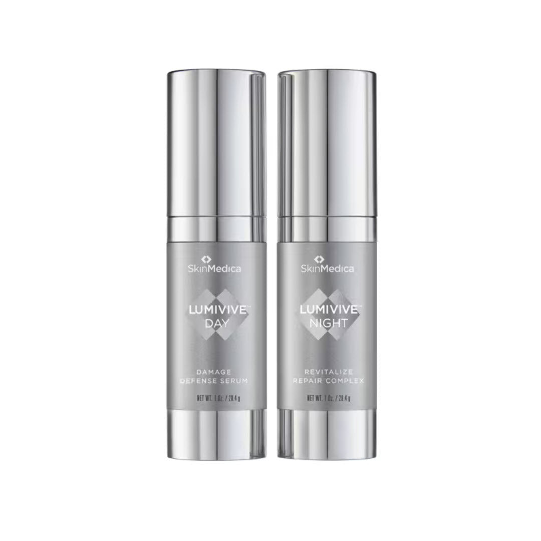 SkinMedica LUMIVIVE Day and Night Antioxidant System, 2-piece set with Day Damage Defense Serum and Night Revitalize Repair Complex, 1 oz each, shown against a white background