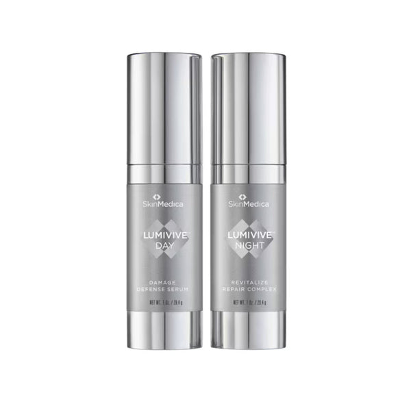 SkinMedica LUMIVIVE Day and Night Antioxidant System, 2-piece set with Day Damage Defense Serum and Night Revitalize Repair Complex, 1 oz each, shown against a white background