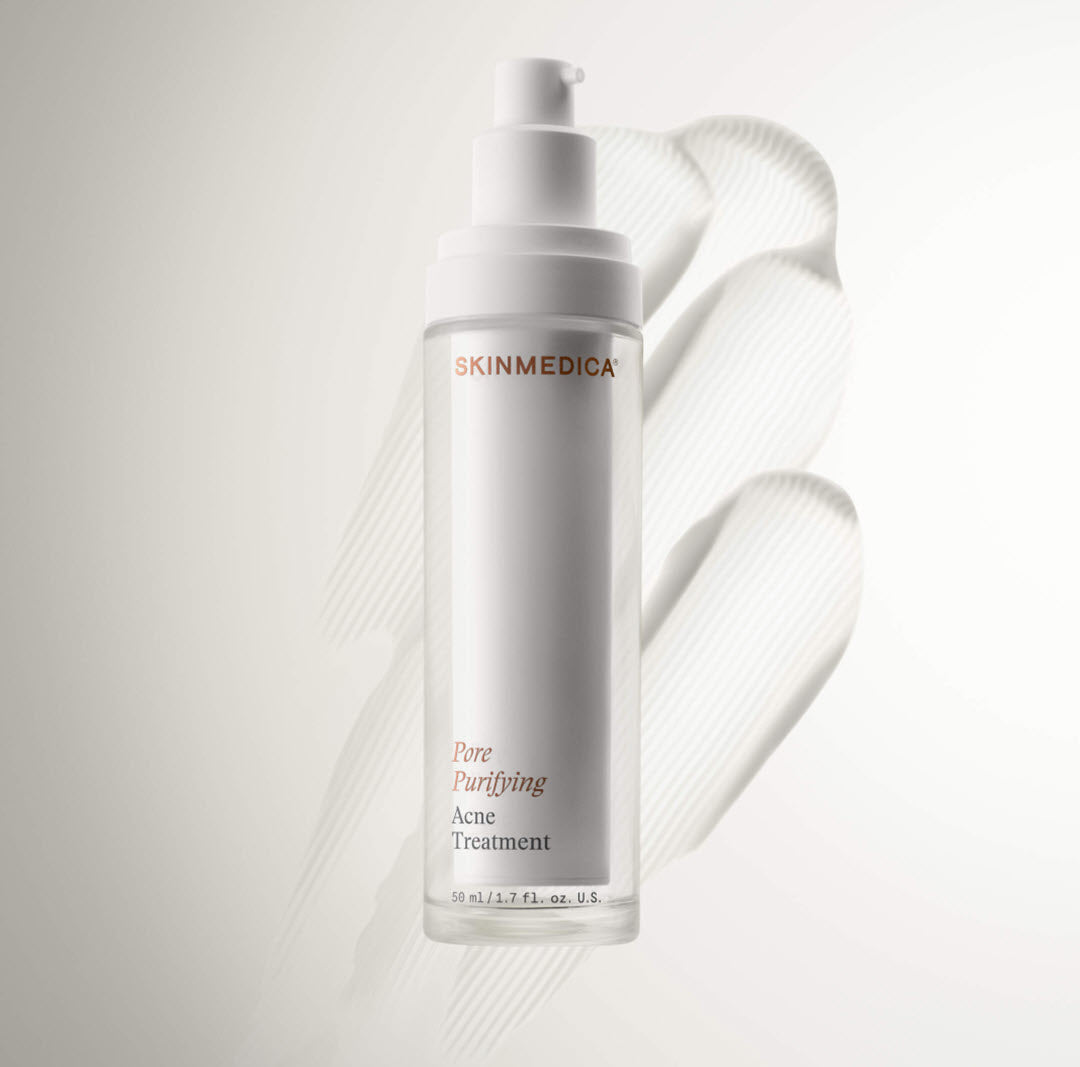 SkinMedica Pore Purifying Acne Treatment pump bottle with lightweight lotion texture swatch