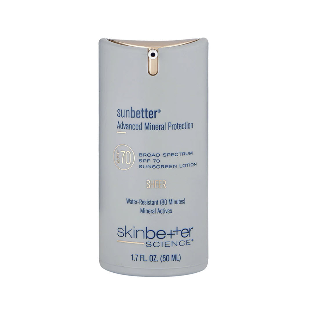 Skinbetter Science sunbetter SHEER SPF 70 Sunscreen Lotion 1.7 fl oz 50 ml light blue pump bottle broad spectrum mineral sunscreen water-resistant 80 minutes
