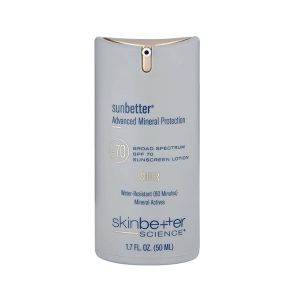 Skinbetter Science sunbetter SHEER SPF 70 Sunscreen Lotion 1.7 fl oz 50 ml light blue pump bottle broad spectrum mineral sunscreen water-resistant 80 minutes