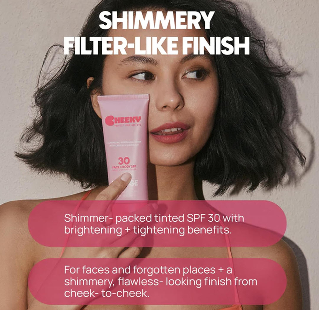 Woman holding Spooge Cheeky Mineral Sunscreen SPF 30 tube next to her face, showcasing its shimmery, filter-like finish with brightening and tightening benefits