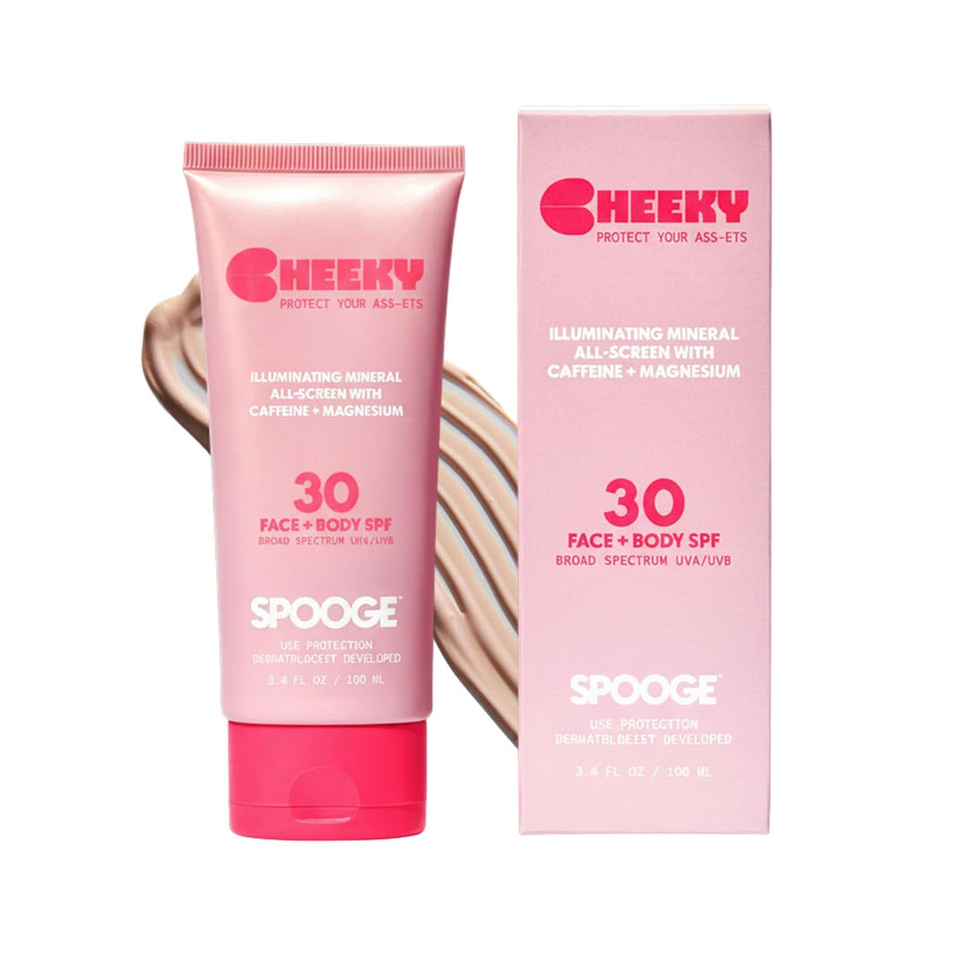 Spooge Cheeky Mineral Sunscreen SPF 30 tube and box, 3.4 fl oz illuminating mineral all-screen with caffeine and magnesium, shown against a white background