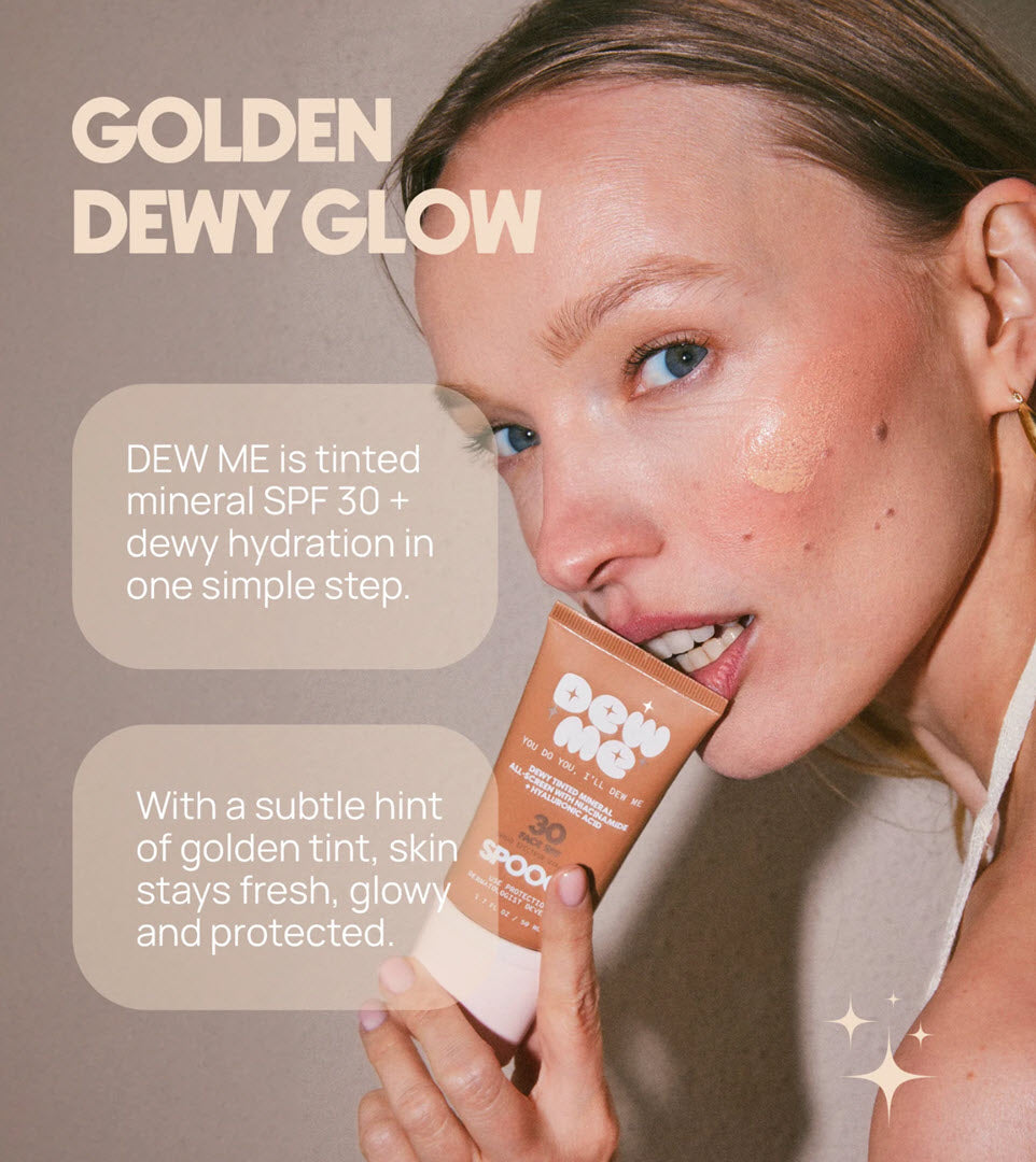 Woman holding Spooge Dew Me Tinted Mineral Sunscreen SPF 30 tube to her lips, showcasing its golden dewy glow with tinted mineral SPF 30 and hydration in one step