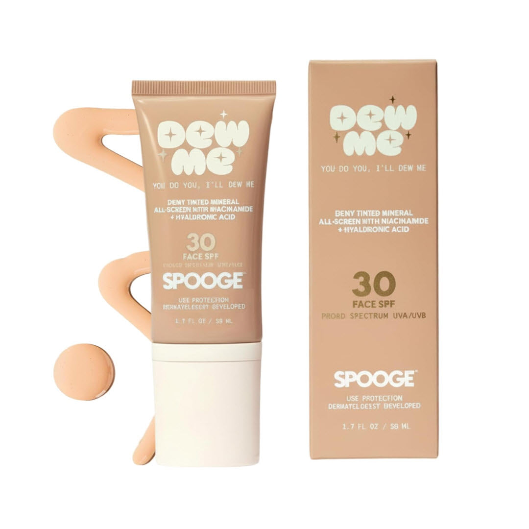 Spooge Dew Me Tinted Mineral Sunscreen SPF 30 tube and box, 1.7 fl oz dewy tinted mineral all-screen with niacinamide and hyaluronic acid, shown against a white background