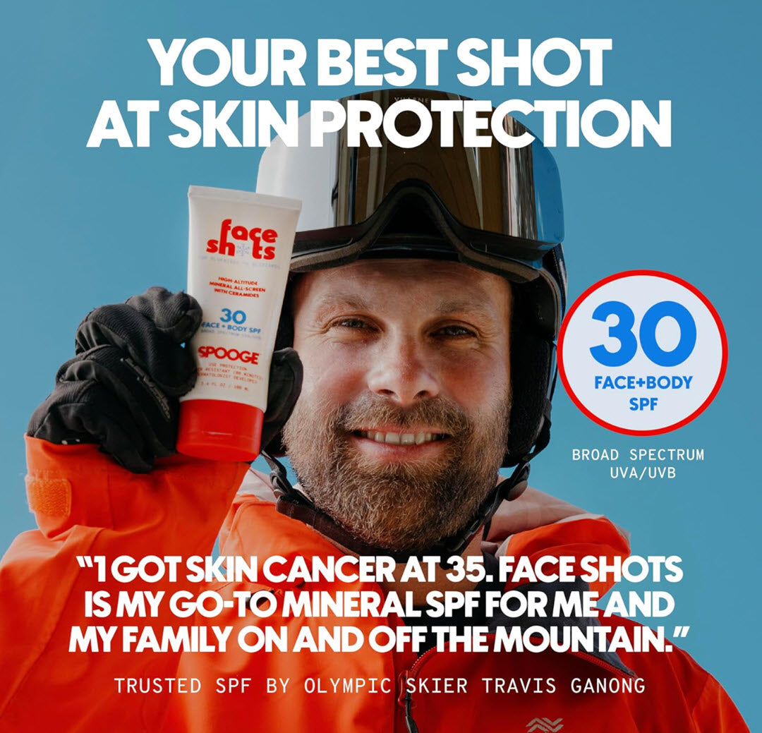 Man in ski goggles and helmet holding a Spooge Face Shots tube, quoted saying Face Shots is his go-to mineral SPF for himself and his family on and off the mountain, trusted by Olympic skier Travis Ganong
