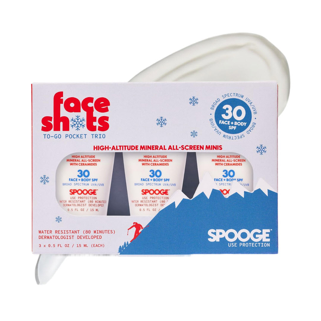 Spooge Face Shots High-Altitude All-Screen Mineral Sunscreen SPF 30 To-Go Pocket Trio Set box, 3 x 0.5 fl oz mini tubes with ceramides, shown against a white background