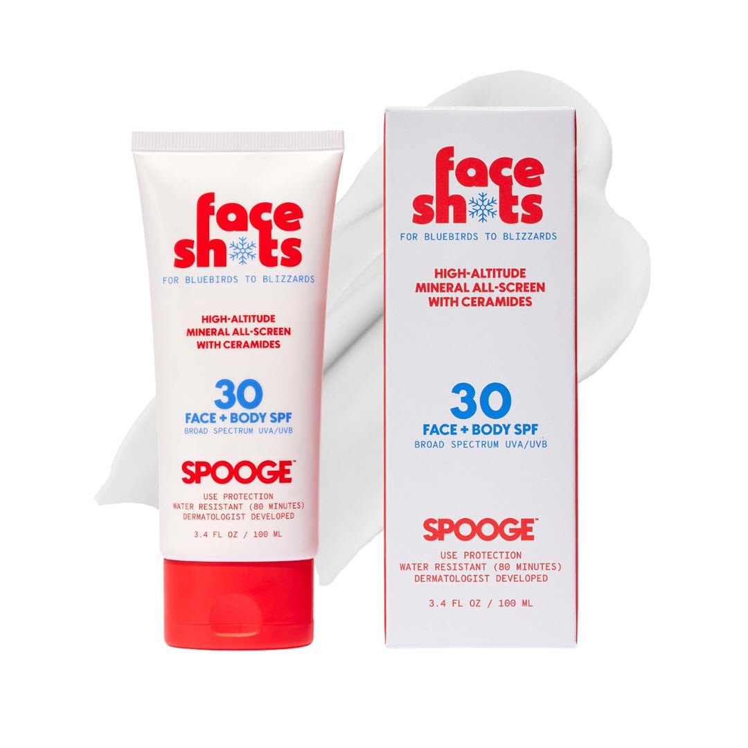 Spooge Face Shots Mineral Sunscreen SPF 30 tube and box, 3.4 fl oz high-altitude mineral all-screen with ceramides, shown against a white background