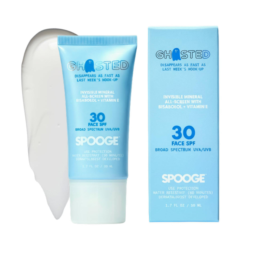 Spooge Ghosted Mineral Sunscreen SPF 30 tube and box, 1.7 fl oz invisible mineral all-screen with bisabolol and vitamin E, shown against a white background