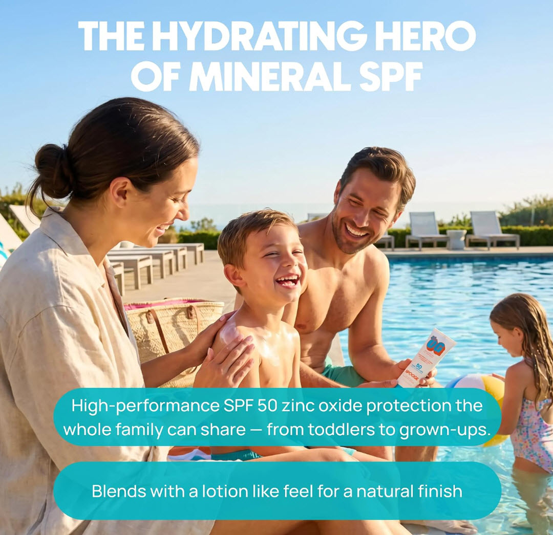 Family applying Spooge The OG Mineral Sunscreen SPF 50 poolside, high-performance SPF 50 zinc oxide protection the whole family can share, blending with a lotion-like feel for a natural finish