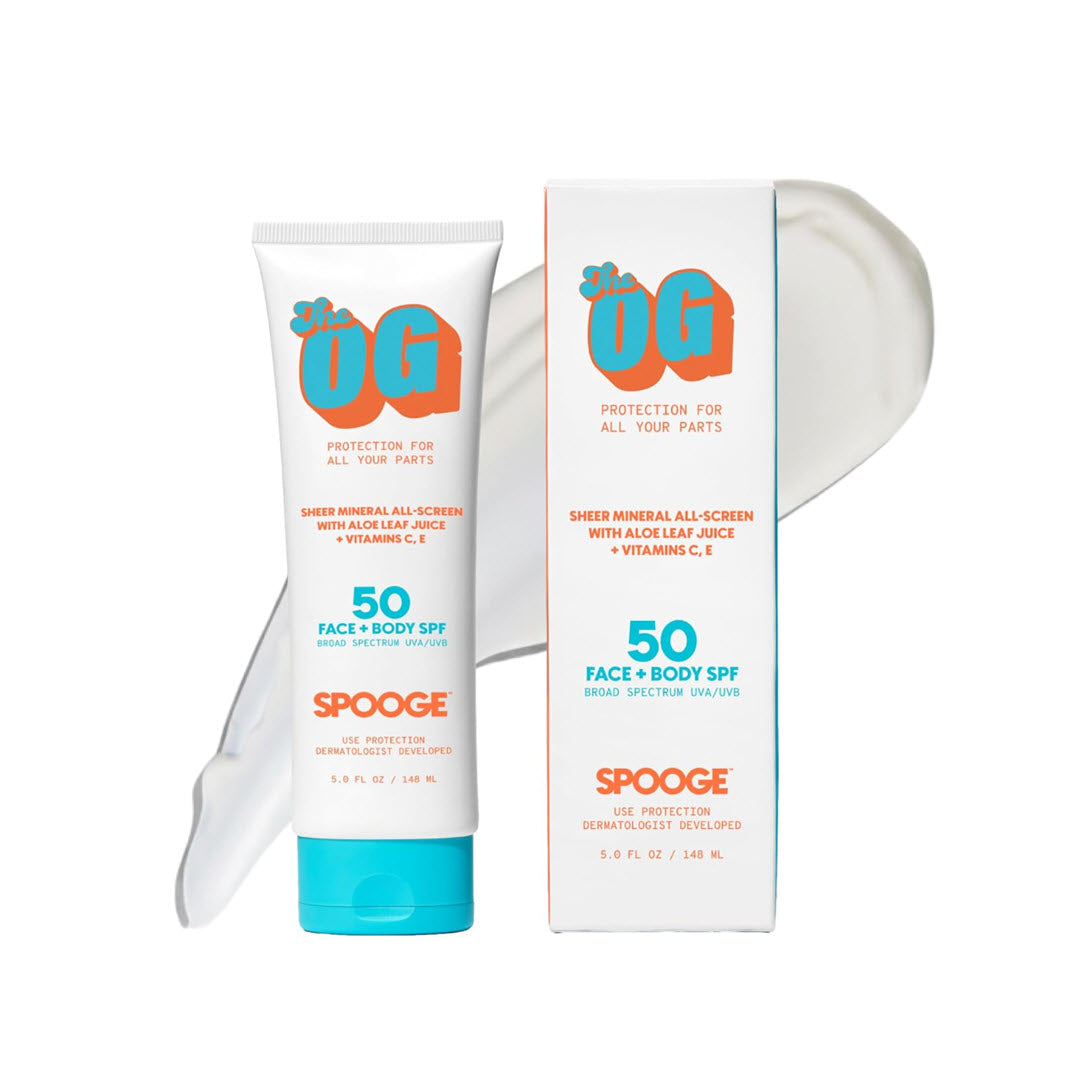 Spooge The OG Mineral Sunscreen SPF 50 tube and box, 5.0 fl oz sheer mineral all-screen with aloe leaf juice and vitamins C and E, shown against a white background