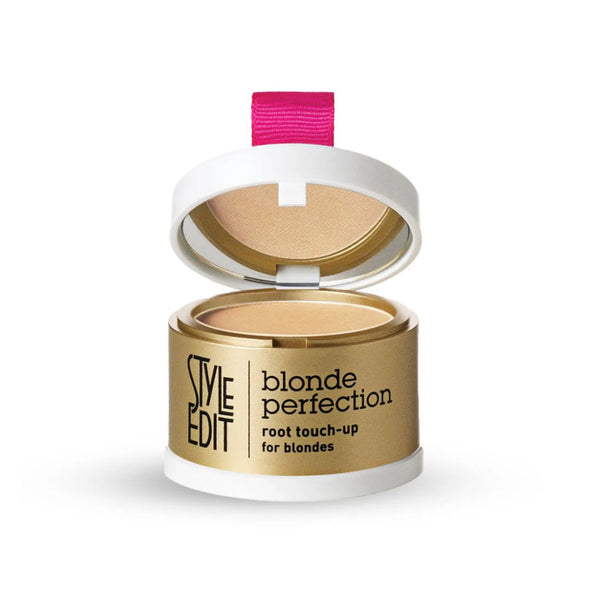 Style Edit Blonde Perfection Root Touch-Up Powder Medium Blonde open compact showing medium blonde root touch-up powder for covering blonde gray roots between salon visits