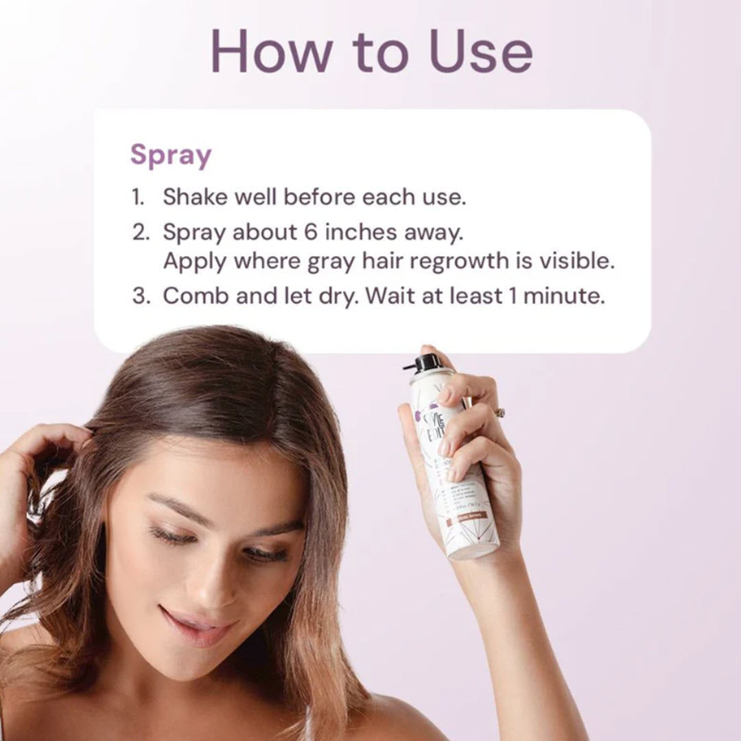 Style Edit Root Concealer Spray how-to-use guide showing steps to spray gray hair regrowth and let dry