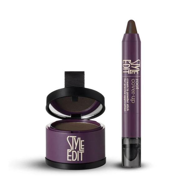 Style Edit Root Touch Up Powder and Stick Duo Dark Brown open compact showing pressed powder for covering gray roots with matching root touch-up stick