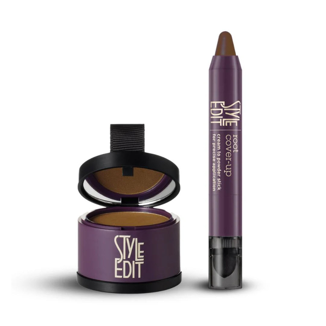 Style Edit Root Touch Up Powder and Stick Duo Medium Brown open compact showing pressed powder for covering gray roots with matching root touch-up stick